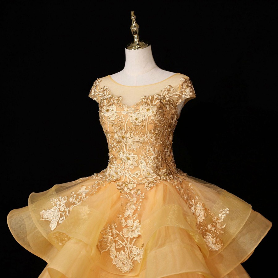 Gorgeous Champagne Ball Gown Sweet 16 Gown with Lace, Flowers Lace Formal Dress